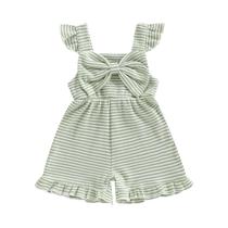 Macacão Listrado Sem Mangas Para Bebês Meninas, Gola Quadrada, Laço, Babados, Shorts, Macacões De Macacão Listrado Sem Mangas Para Bebês Meninas, Gola Quadrada, Laço, Babados, Shorts, Macacões De