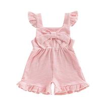Macacão Listrado Sem Mangas Para Meninas Bebês Com Gola Quadrada Laço E Babados Shorts Verão