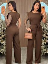 Macacão longo alfaiataria feminino com faixa amarração nas costas elegante luxo
