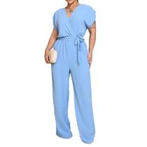 Macacão Longo Azul com Decote Transpassado e Manga Curta