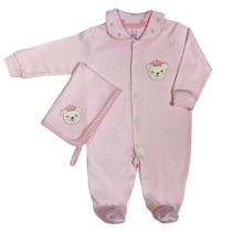 Macacão longo bebê rosa estampado coroas bordado urso + pano de boca bordado urso