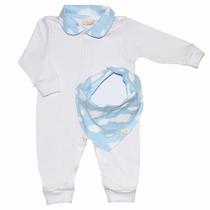 Macacão Longo de Bebê Branco + Babador Bandana Nuvem Azul