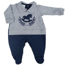 Macacão Longo de Bebê Cavalinho Azul Marinho com Cinza Malha