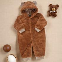 Macacão Longo de Pelucia para Bebê Com Capuz e Orelhinhas