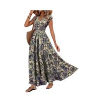 Macacão Longo Elegante Vintage Estampado Com Decote V E Manga Curta Para Mulheres - Vestido Da Moda