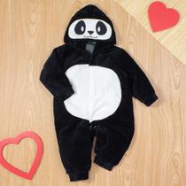 Macacão Longo Em Plush para Bebê Capuz Bordado Panda Preto