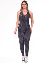 Macacão longo Feminino Costas aberta bojo removível Fitness Academia Caminhada Preto Azul Estampado - Shine Fitness