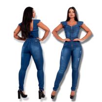 Macacao Longo Feminino jeans com lycra Elegante Macacao Longo Feminino jeans com lycra Elegante
