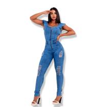 Macacão longo feminino jeans com lycra tipo skinny em lavagem clara