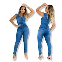 Macacão longo feminino jeans com lycra tipo skinny em lavagem clara Macacão longo feminino jeans com lycra tipo skinny em lavagem clara