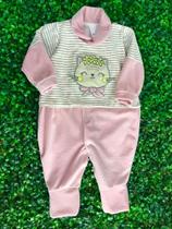 Macacão Longo Infantil Fem Plush Rose Listrado Bordado Gato Macacão Longo Infantil Fem Plush Rose Listrado Bordado Gato
