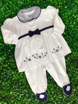 Macacão Longo Infantil Malha Vestido Bordado Flores Azul e Branco Macacão Longo Infantil Malha Vestido Bordado Flores Azul e Branco