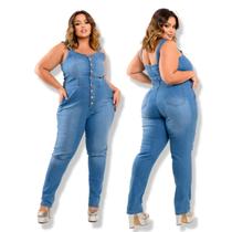 Macacão Longo Jeans Feminino com lycra Alça Larga Plus Size Lavagem Clara