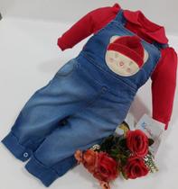 Macacão Longo Luxo Bebê Menina Paraiso Jeans Bordado 11616