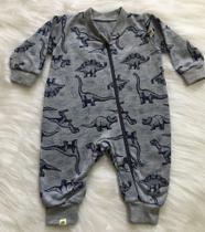 Macacão longo moletinho cinza com estampa de dinossauro