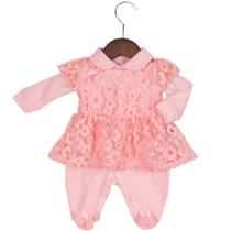 Macacão Longo para Bebê Nana Rosa com Renda 03 peças