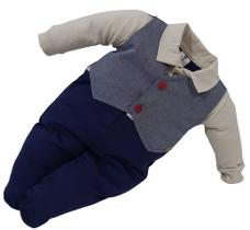 Macacão Luxo Longo Bebê Menino Finta Colete Bordado Ref 2826