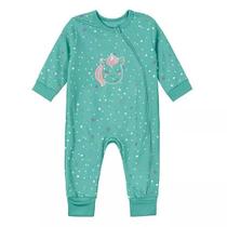 Macacão Macaquinho Brandili Moletom Bebê Verde Mangas Longas Estampa Unicórnio Fecho Frontal