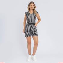 Macacão Macaquinho Curto Listrado Social Decotado Feminino
