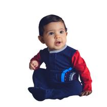 Macacão Magnético Marinho, detalhes vermelho e cinza com estampa arco-íris - 12 meses