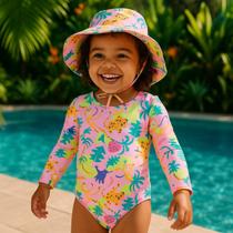 Macacão Maiô de Praia Bebê Menina Chapéu Proteção UV e Estampa Colorida Macacão Maiô de Praia Bebê Menina Chapéu Proteção UV e Estampa Colorida