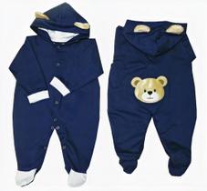 Macacão Malha Bebê Longo Urso com Orelhinha e Pézinho Menino Macacão Malha Bebê Longo Urso com Orelhinha e Pézinho Menino