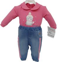 Macacão Malha Bordado Luxo Bebê Menina Jeans Paraiso 12983 Macacão Malha Bordado Luxo Bebê Menina Jeans Paraiso 12983