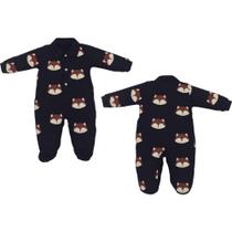 Macacão Manga Longa Azul Bebê Estampado Raposas Upi Uli