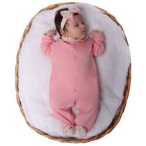 Macacão Manga Longa Para Bebê Menina Com Faixa De Cabelo Princesa Rosê 02 Peças Macacão Manga Longa Para Bebê Menina Com Faixa De Cabelo Princesa Rosê 02 Peças