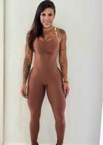 Macacão Marrom Brocado com detalhe Animal Print e com Zero Transparência Macacão Marrom Brocado com detalhe Animal Print e com Zero Transparência