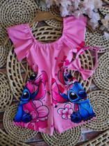 Macacão Menina Infantil Temático Stitch Rosa RF02 + Arco de Cabelo