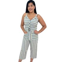 Macacão Pantacourt Alfaiataria Femenino Listrado Linho Longo