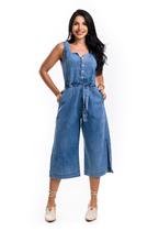 Macacão Pantacourt Jeans Feminino sem Manga Macacão Pantacourt Jeans Feminino sem Manga