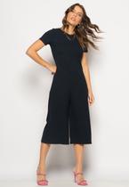 Macacão Pantacourt Manga Curta Costas Em V Canelado Preto Salvatore