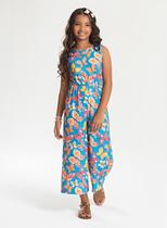 Macacão Pantacourt Verão Menina Azul com Amarração nas Costas Borboletas