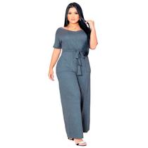 Macacão Pantalona Moda Feminino Macaquinho Com Bolso Saruel Manga Curta Com Cintinho Viscolycra Femininas Soltinho