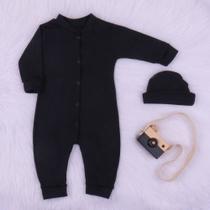 Macacão Para Bebê Com Botões e Touca - Masculino/Feminino - Dia a Dia - Confortável - Preto