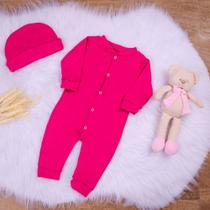 Macacão Para Bebê Com Botões e Touca - P/RN - Feminino - Dia a Dia - Confortável - Pink - LAURABABY