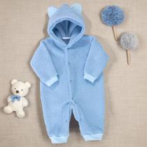 Macacão para Bebê de Pelucia Teddy Com Capuz Tons Variáveis de Azul Macacão para Bebê de Pelucia Teddy Com Capuz Tons Variáveis de Azul