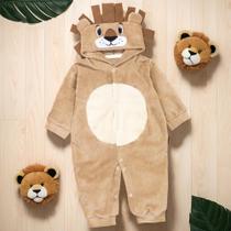 Macacão para Bebê em Plush com Capuz Bordado de Leão Bege