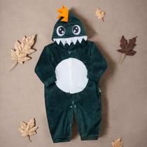 Macacão para Bebê Em Plush Com Capuz Bordado Dino Verde Macacão para Bebê Em Plush Com Capuz Bordado Dino Verde