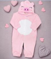 Macacão para bebê em plush com capuz bordado pig rosa claro - BBLK