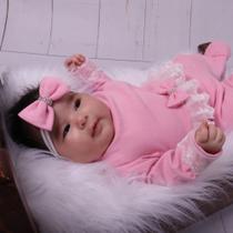 Macacao para bebe menina com laçinho de cabelo e detalhes em renda - Varias cores