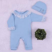 macacão para bebe recém nascido com touca feminino detalhe renda malha de algodão para maternidade