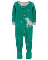 Macacão Pijama Carter's Algodão Dinossauro Verde Menino com Zíper e Pezinho