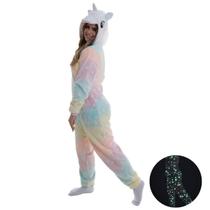 Macacão Pijama Kigurumi Fleece Adulto Soft Plush Infantil Quentinho Unicórnio Brilha no Escuro Coração