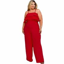 Macacão Plus Size Feminino Longo Com Babado no Busto de Alça