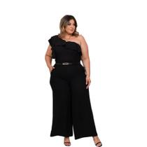 Macacão Plus Size Feminino Uma Manga Babado Com Cinto 0523