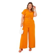 Macacão Plus Size longo feminino com cinto pantalona elegante em linho confortável