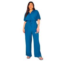 Macacão Plus Size Longo Liso Feminino Elástico na Cintura Colarinho e Botões em Linho com Viscose